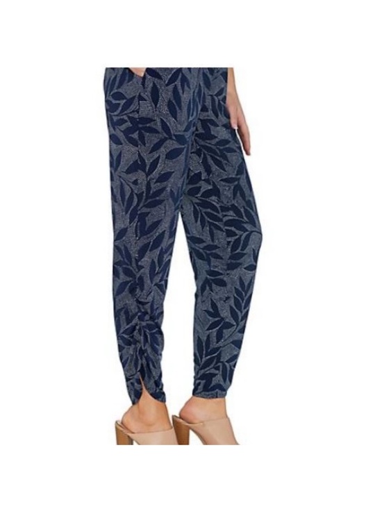 Susan Graver Pants - Susan Graver Navy and White Leaf Pattern Pull On Elastic Waist Genie Pants 1X